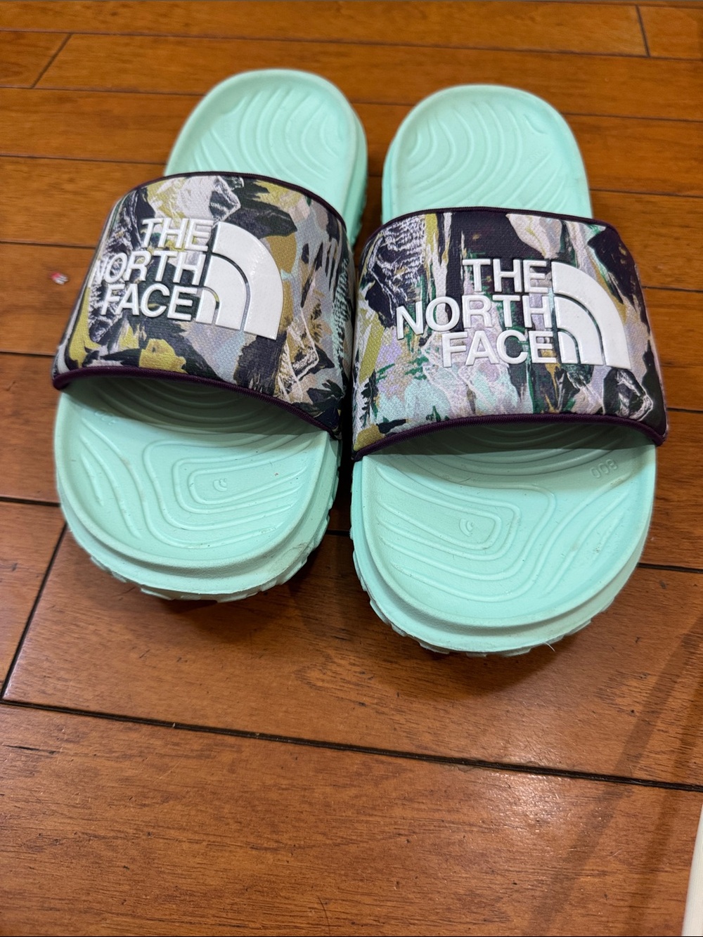 The North Face Mint Green Slide Sandals with Patterned Strap.